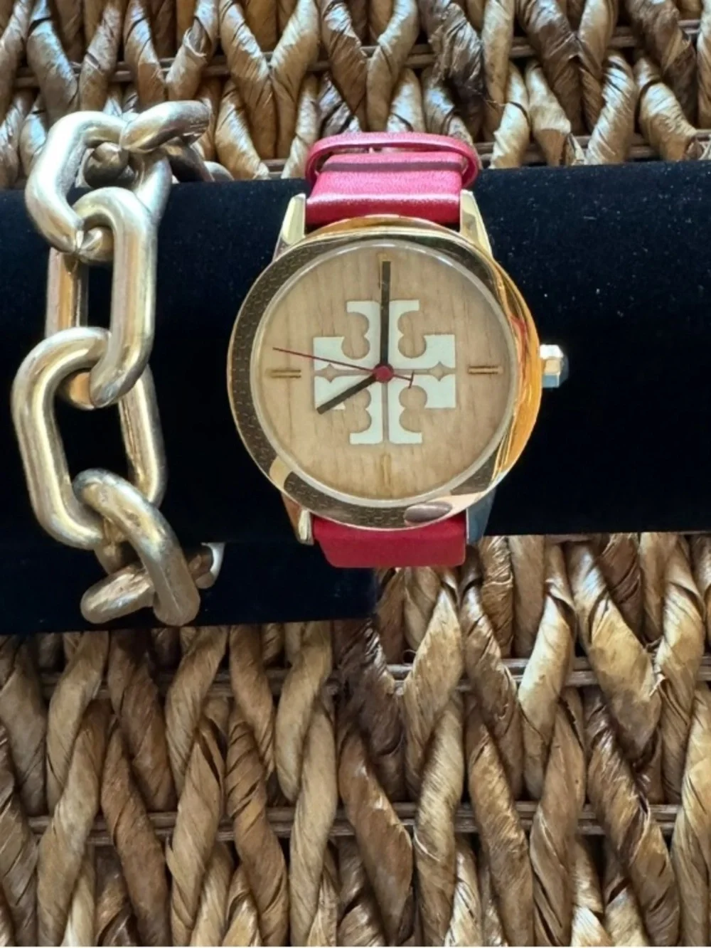Tory Burch Red Leather Reva Watch with Gold Case 36 mm